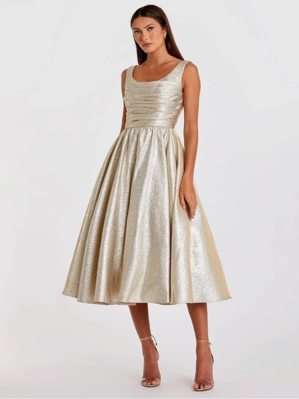 Mac Duggal Gold Metallic Scoop-Neck Fit-and-Flare Midi Dress
